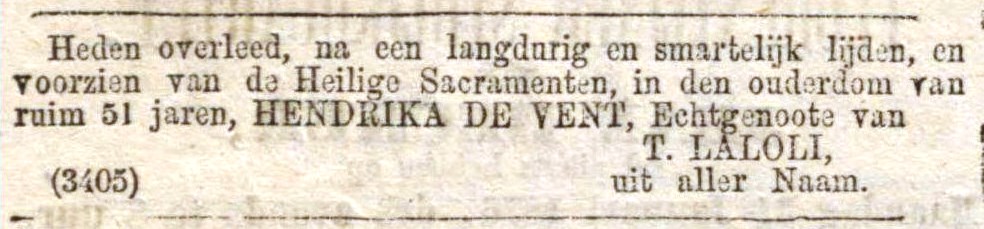 Hendrika de Vent †1876